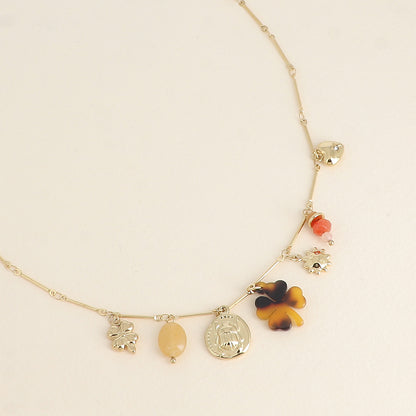 Collier - pendentifs (pierres naturelles, scarabée, soleil, trèfle en résine léopard, trèfle) 40+5 cm