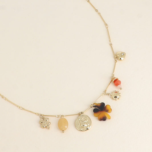 Collier - pendentifs (pierres naturelles, scarabée, soleil, trèfle en résine léopard, trèfle) 40+5 cm