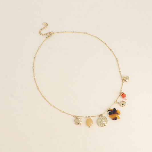 Collier - pendentifs (pierres naturelles, scarabée, soleil, trèfle en résine léopard, trèfle) 40+5 cm