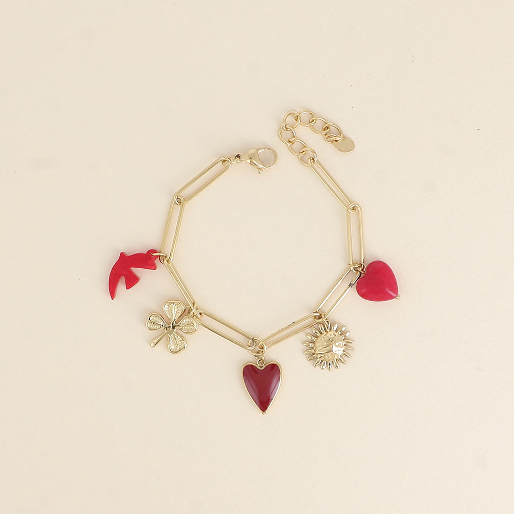 Bracelet - pendentifs (cœur martelé, oiseau en résine, cœur en émail, fleur, cœur en pierre naturelle) (17+3 cm)