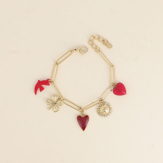 Bracelet - pendentifs (cœur martelé, oiseau en résine, cœur en émail, fleur, cœur en pierre naturelle) (17+3 cm)