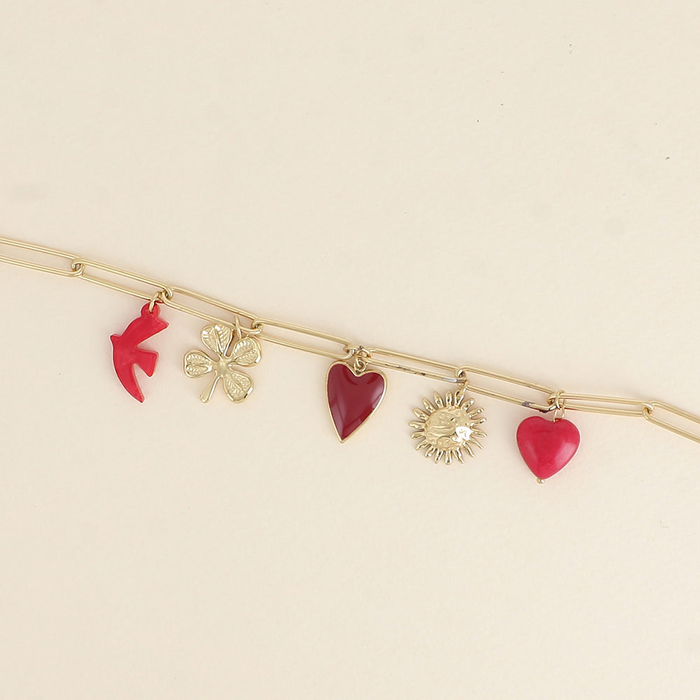 Bracelet - pendentifs (cœur martelé, oiseau en résine, cœur en émail, fleur, cœur en pierre naturelle) (17+3 cm)