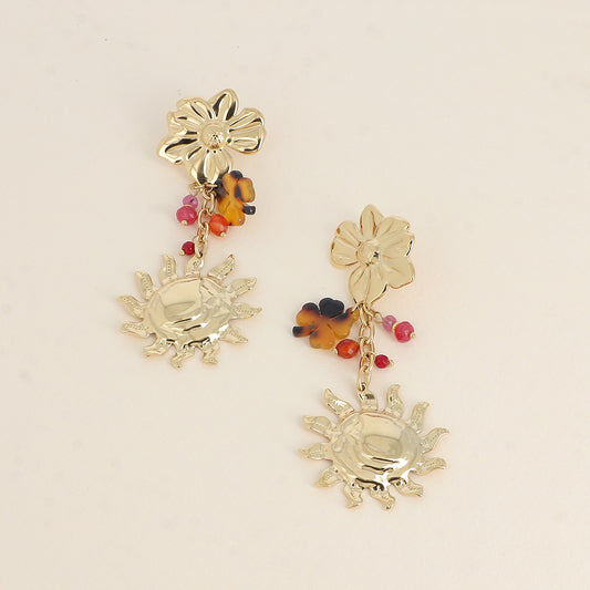 Boucles pendantes - 3 pièces et chaîne (fleur, soleil, trèfle en résine) 38x85 mm
