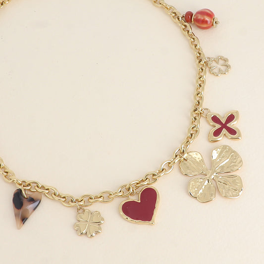 Collier - trèfles, cœurs, émail, résine léopard, céramique 40+5 cm