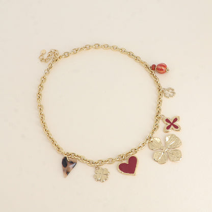 Collier - trèfles, cœurs, émail, résine léopard, céramique 40+5 cm