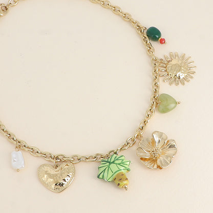 Collier - fleurs, palmier en céramique émaillée, cœurs en résine, perles 40+5 cm