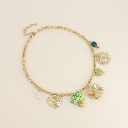 Collier - fleurs, palmier en céramique émaillée, cœurs en résine, perles 40+5 cm