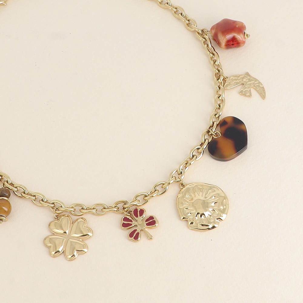 Collier - trèfles avec émail, soleil, cœur en résine léopard, oiseau martelé, étoile en céramique émaillée 40+5 cm