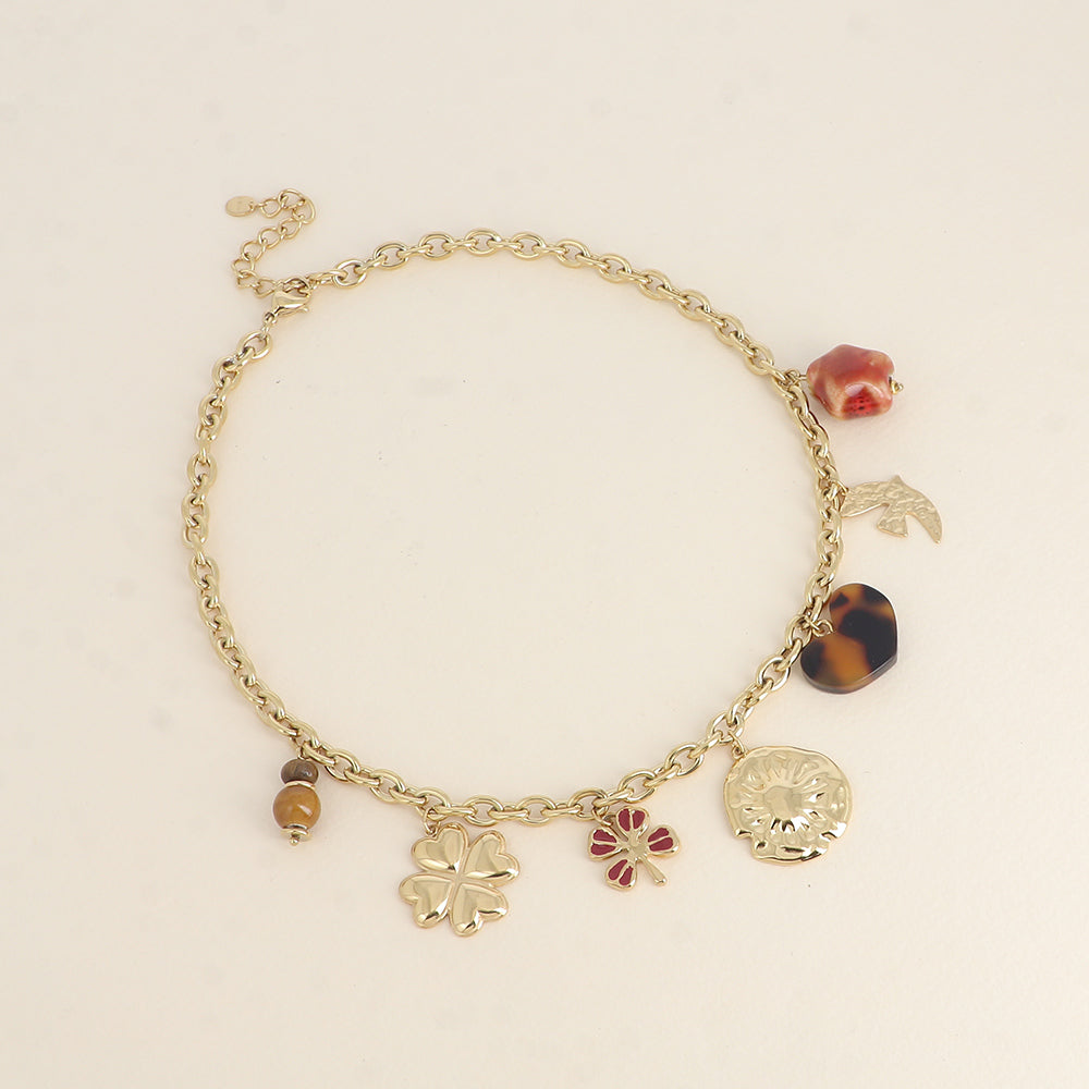 Collier - trèfles avec émail, soleil, cœur en résine léopard, oiseau martelé, étoile en céramique émaillée 40+5 cm