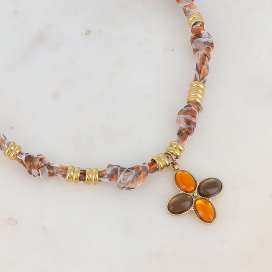 Collier ruban Liberty avec pendentif serti de 4 pâtes de verre (39+5CM)