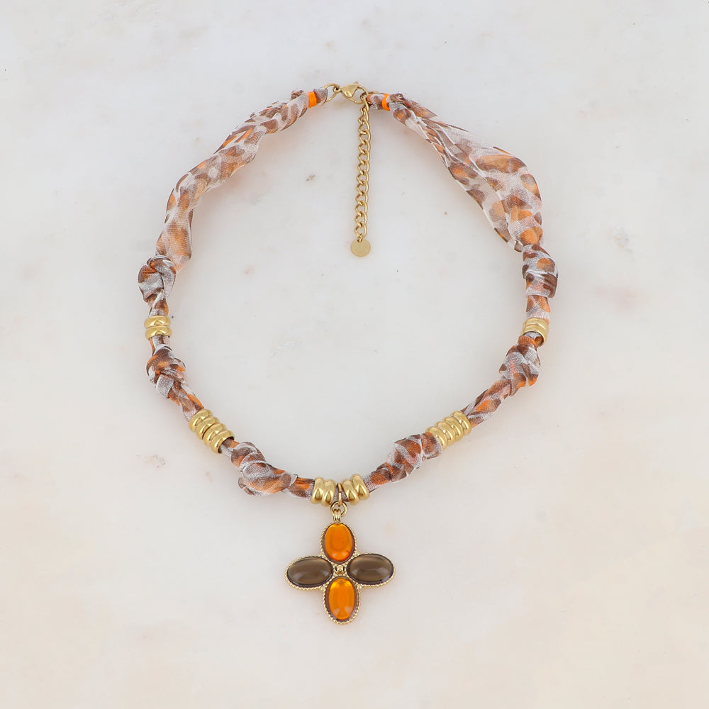 Collier ruban Liberty avec pendentif serti de 4 pâtes de verre (39+5CM)