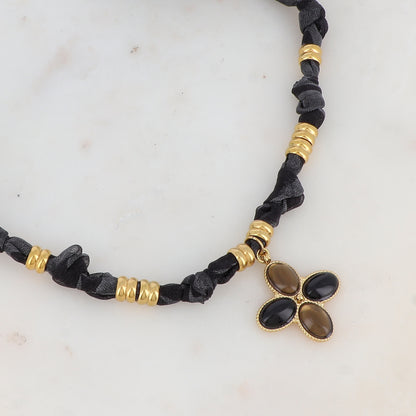 Collier ruban Liberty avec pendentif serti de 4 pâtes de verre (39+5CM)