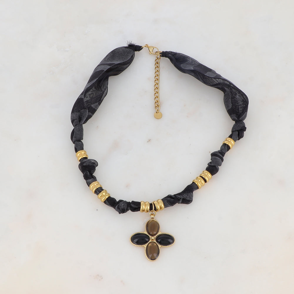 Collier ruban Liberty avec pendentif serti de 4 pâtes de verre (39+5CM)