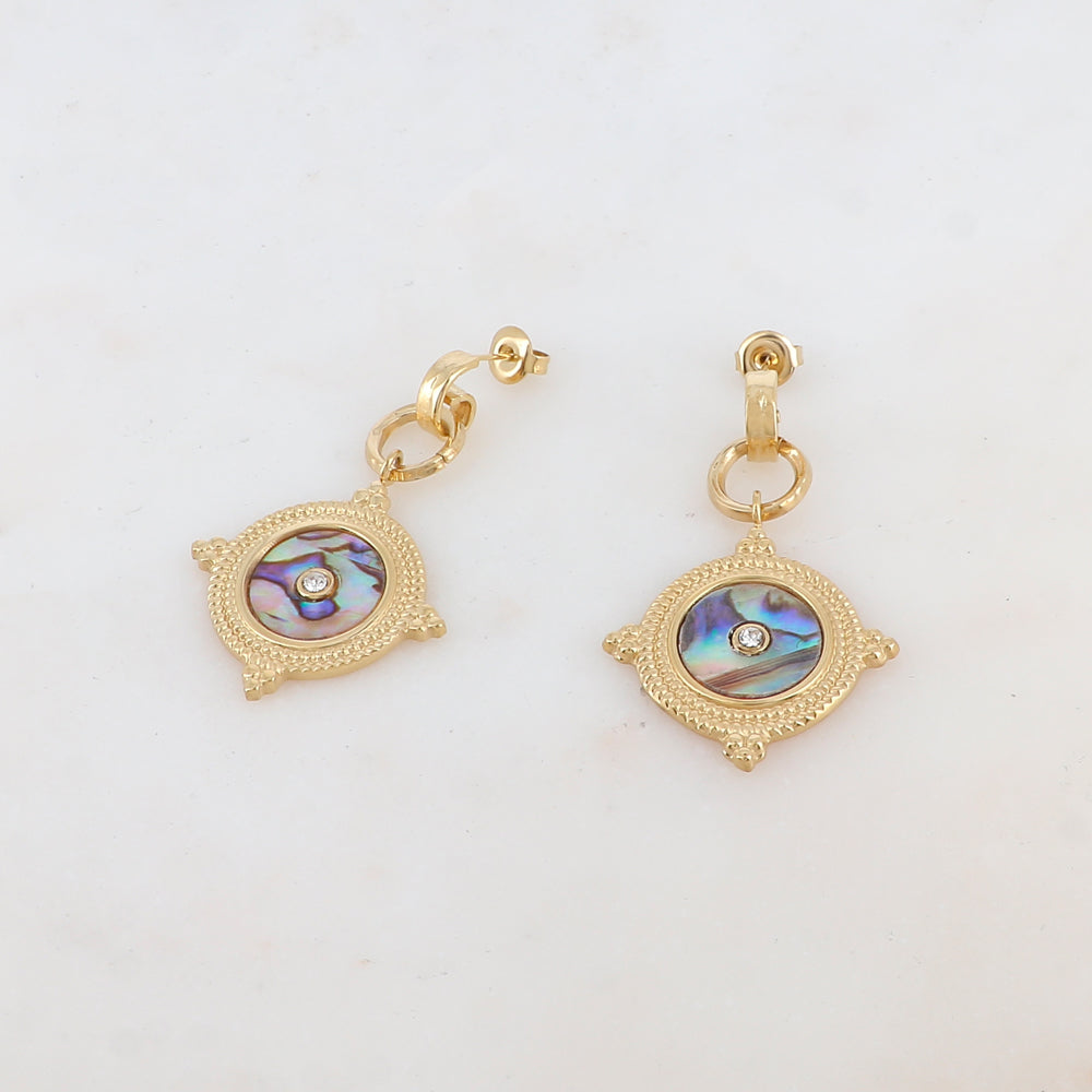 B.O à puce avec anneaux, strass, nacre 2,8 x 4,6 cm.