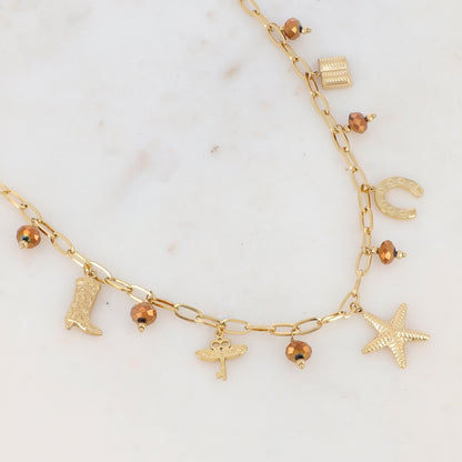 Collier en maille avec botte, clé volante, étoile de mer, pampille graphique, pampille forme livre et perles en pâtes de verre (37.5+7CM)