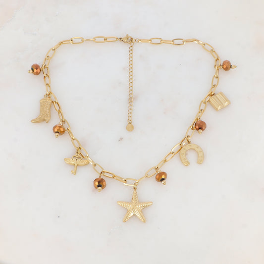 Collier en maille avec botte, clé volante, étoile de mer, pampille graphique, pampille forme livre et perles en pâtes de verre (37.5+7CM)