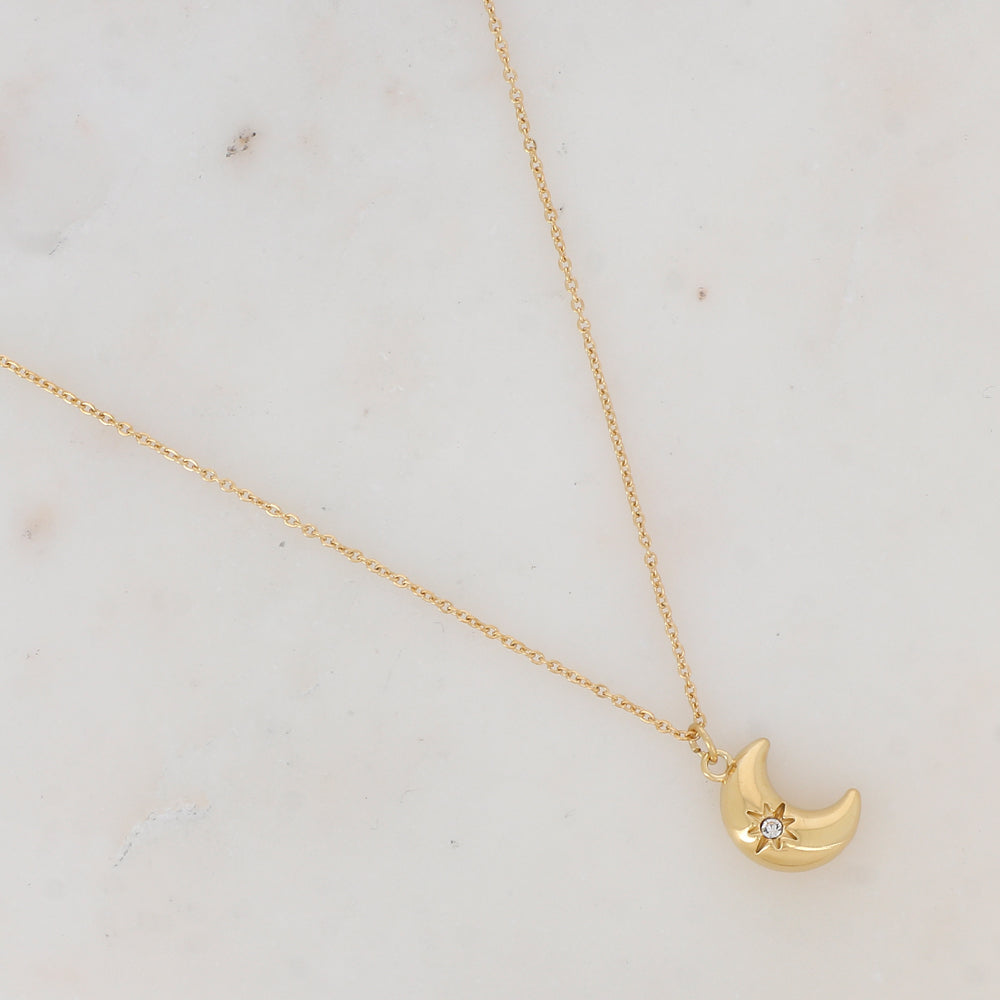 Collier doré avec pampille forme lune ornée d'une étoile strassé 38+7 cm