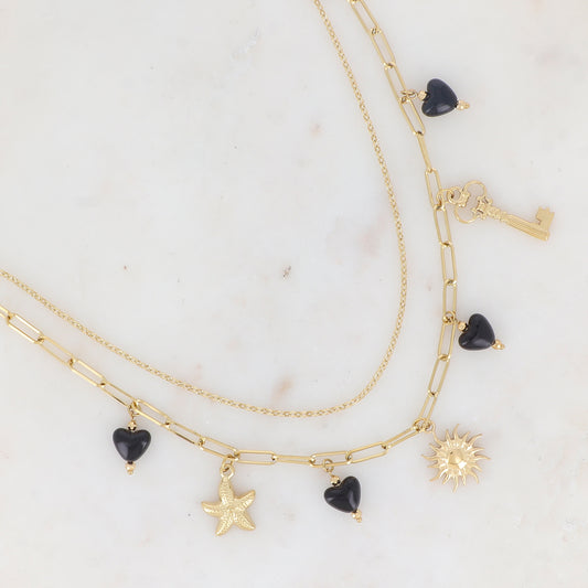 Collier double rangs en maille avec cœurs en résine, étoile de mer, soleil et clé ajourée (39/41.5+7CM)