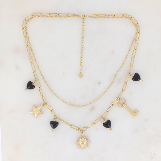 Collier double rangs en maille avec cœurs en résine, étoile de mer, soleil et clé ajourée (39/41.5+7CM)