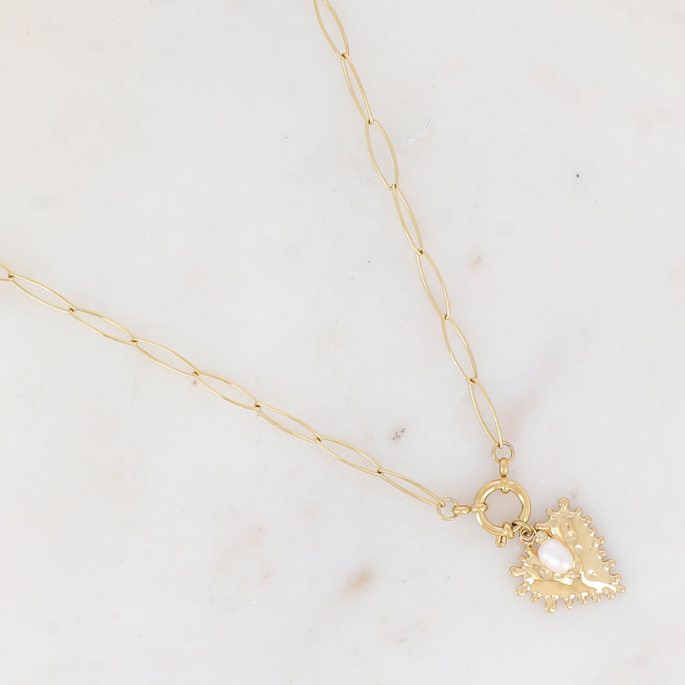 Collier en maille avec pampille cœur texturé et perle d'eau douce (47+5CM)