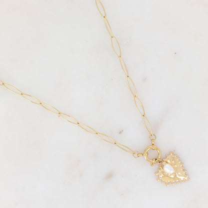 Collier en maille avec pampille cœur texturé et perle d'eau douce (47+5CM)