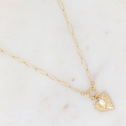 Collier en maille avec pampille cœur texturé et perle d'eau douce (47+5CM)