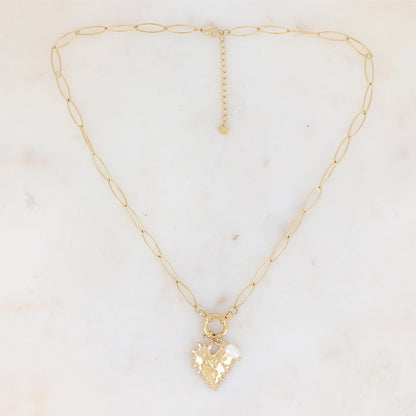 Collier en maille avec pampille cœur texturé et perle d'eau douce (47+5CM)