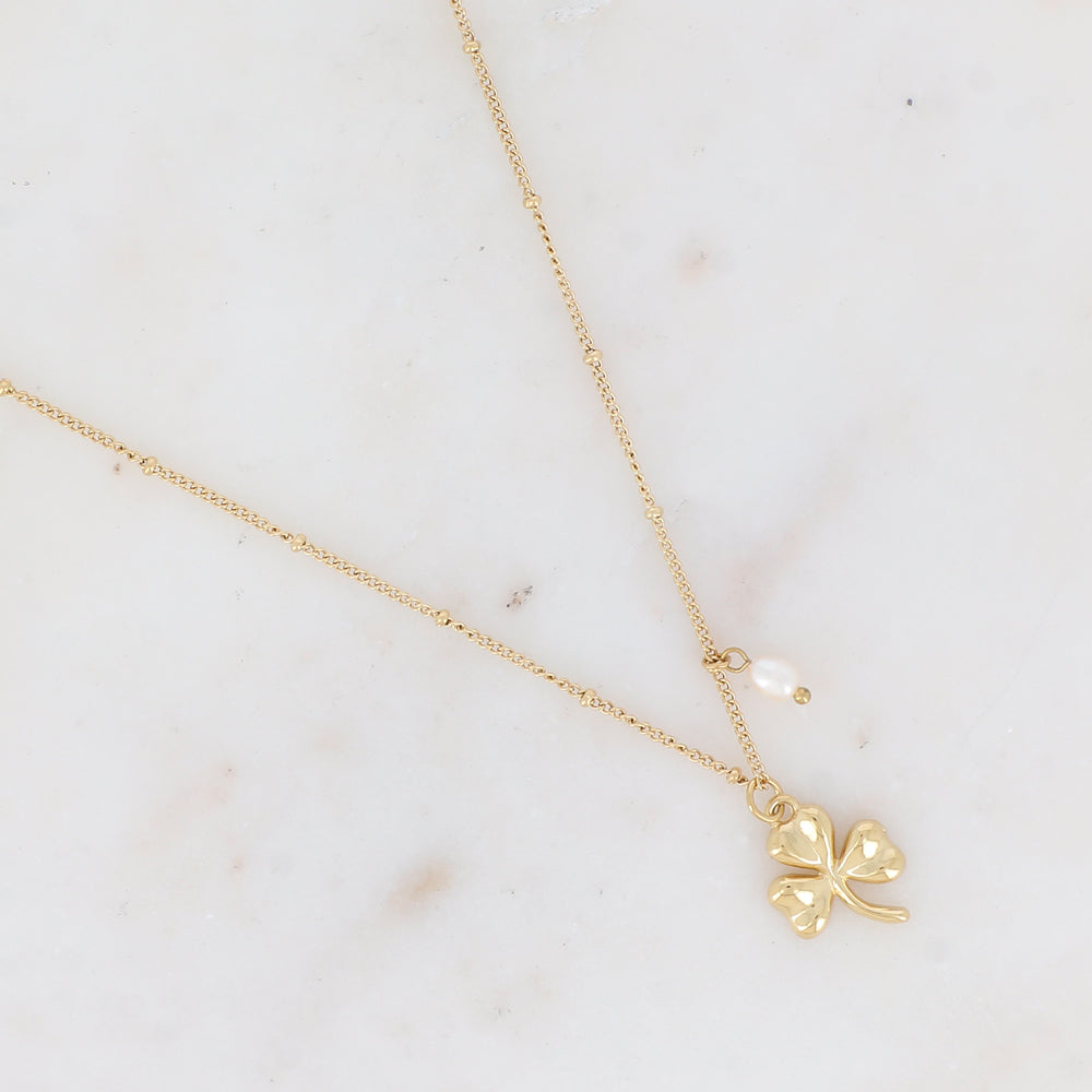 Collier avec trèfle et perle d'eau douce 45+5 cm