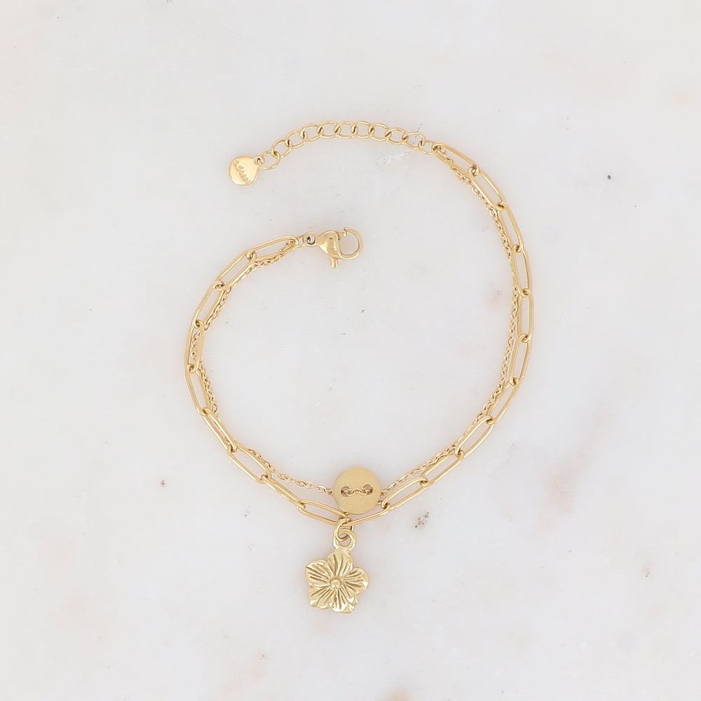 Bracelet double rangs en maille avec pièce ronde et pendentif fleur