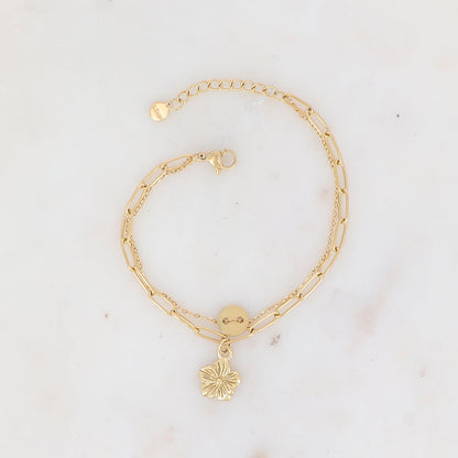 Bracelet double rangs en maille avec pièce ronde et pendentif fleur
