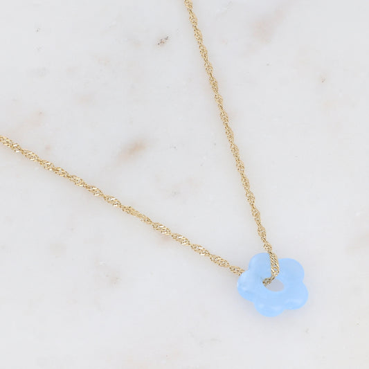 Collier doré avec perle de fleur en acétate de fleur en acétate bleu ciel 40+5 cm