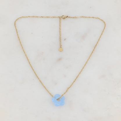 Collier doré avec perle de fleur en acétate de fleur en acétate bleu ciel 40+5 cm