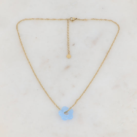 Collier doré avec perle de fleur en acétate de fleur en acétate bleu ciel 40+5 cm
