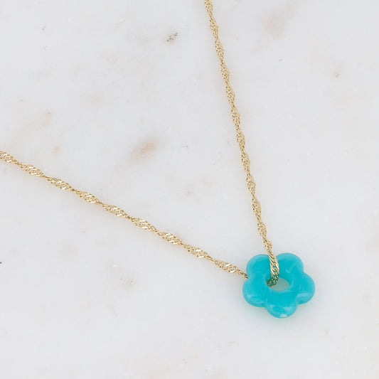 Collier doré avec perle de fleur en acétate de fleur en acétate bleu cyan 40+5 cm