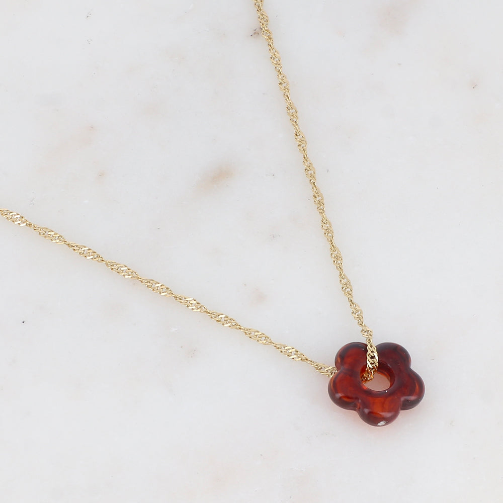 Collier doré avec perle de fleur en acétate de fleur en acétate cognac 40+5 cm