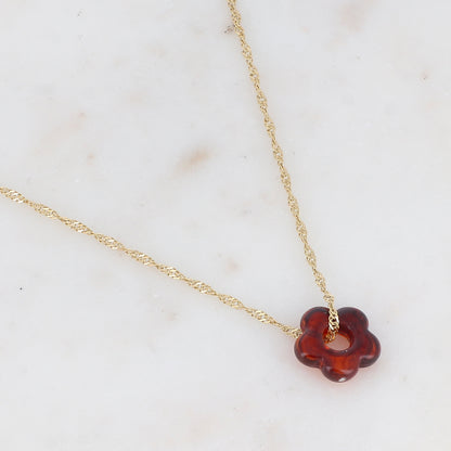 Collier doré avec perle de fleur en acétate de fleur en acétate cognac 40+5 cm