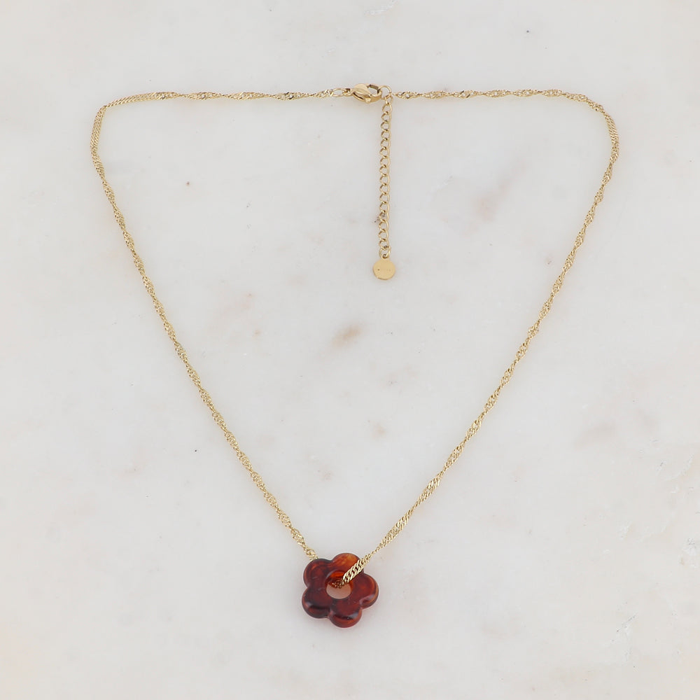 Collier doré avec perle de fleur en acétate de fleur en acétate cognac 40+5 cm