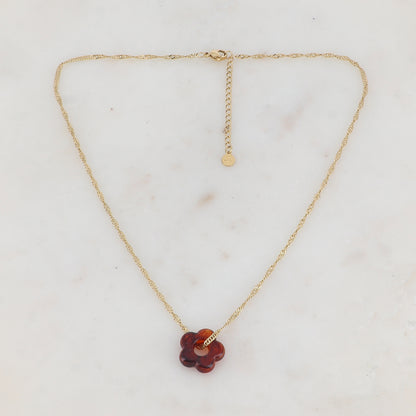 Collier doré avec perle de fleur en acétate de fleur en acétate cognac 40+5 cm