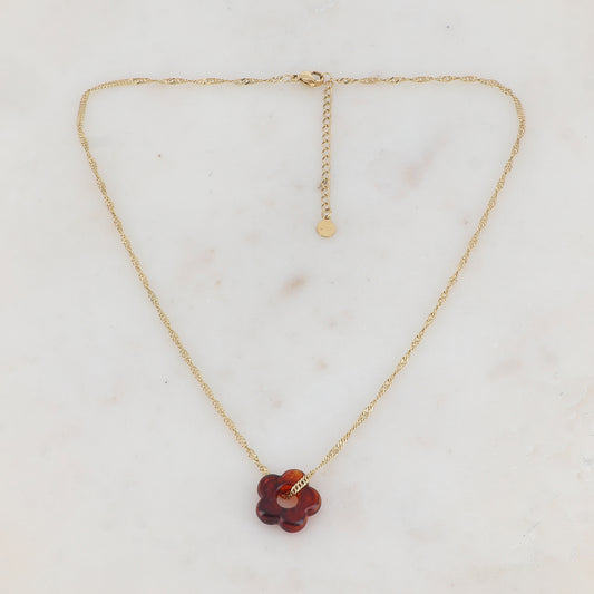 Collier doré avec perle de fleur en acétate de fleur en acétate cognac 40+5 cm