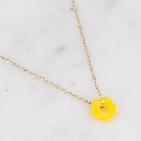 Collier doré avec perle de fleur en acétate de fleur en acétate jaune 40+5 cm