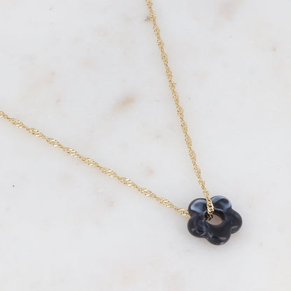 Collier doré avec perle de fleur en acétate de fleur en acétate noir 40+5 cm