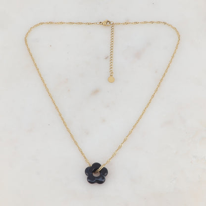 Collier doré avec perle de fleur en acétate de fleur en acétate noir 40+5 cm