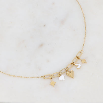 Collier avec anneaux rectangulaires arrondis, étoiles du Nord et cœurs émaillés blancs 45+5 cm
