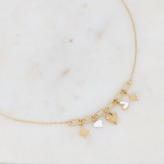 Collier avec anneaux rectangulaires arrondis, étoiles du Nord et cœurs émaillés blancs 45+5 cm