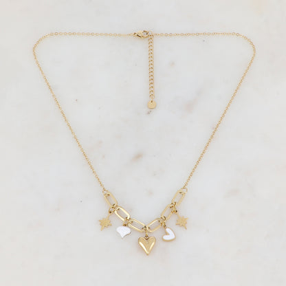 Collier avec anneaux rectangulaires arrondis, étoiles du Nord et cœurs émaillés blancs 45+5 cm