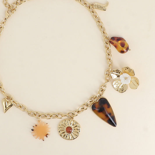 Collier - cœur, soleil nacré, fleur martelée, cœur en résine, fleur, perle en résine, botte - Léopard 40+5 cm