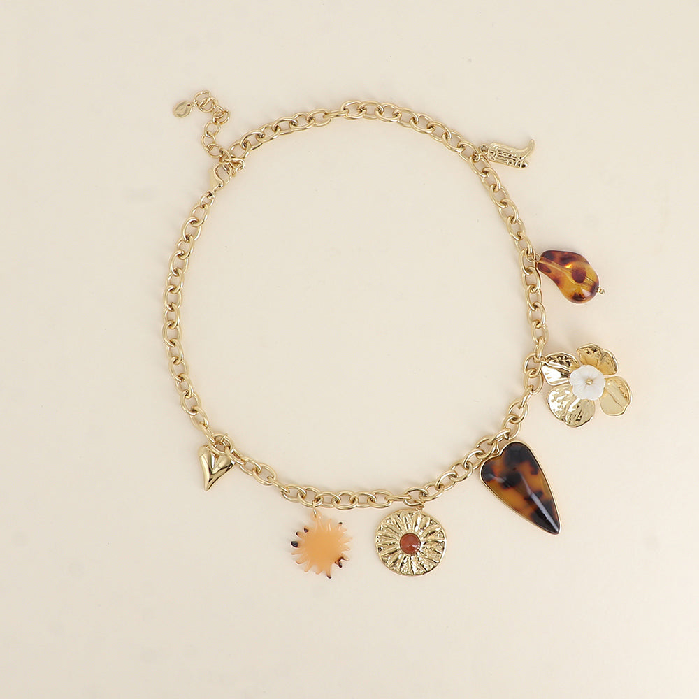 Collier - cœur, soleil nacré, fleur martelée, cœur en résine, fleur, perle en résine, botte - Léopard 40+5 cm