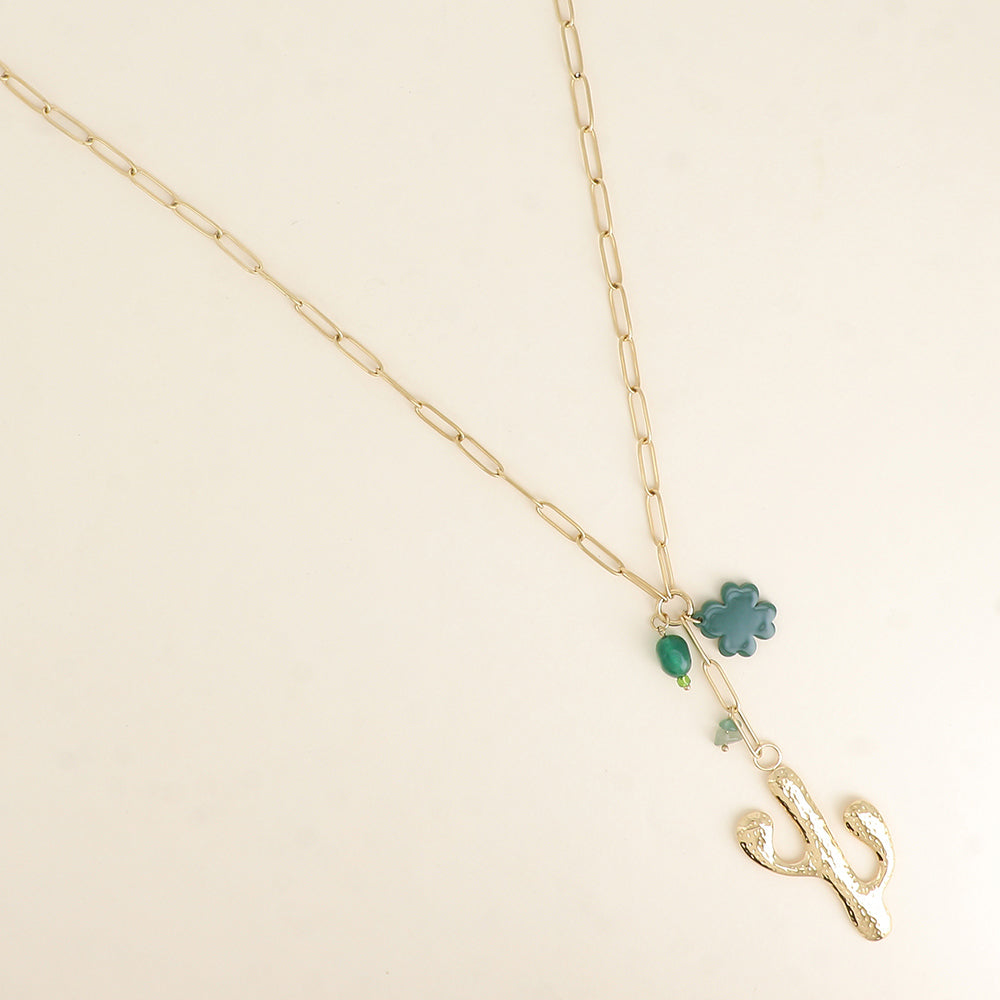 Collier en Y - cactus, trèfle en résine et perle 64+5 cm
