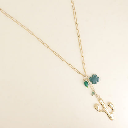Collier en Y - cactus, trèfle en résine et perle 64+5 cm