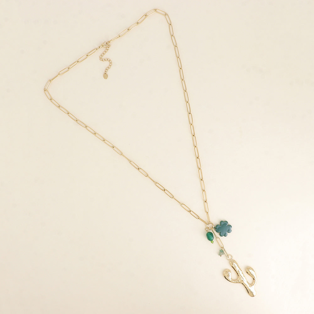 Collier en Y - cactus, trèfle en résine et perle 64+5 cm